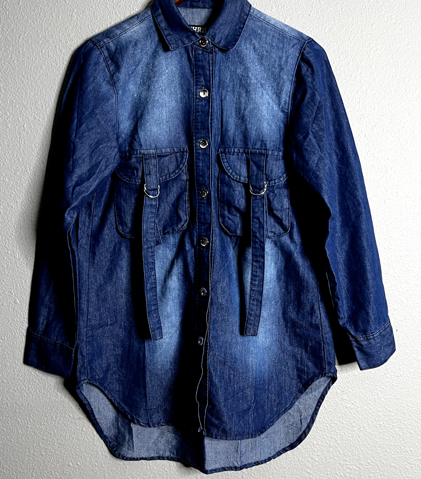 Thrill Jeans Medium Denim Shirt Acid Wash Shacket Factory Distressed Boho Grunge