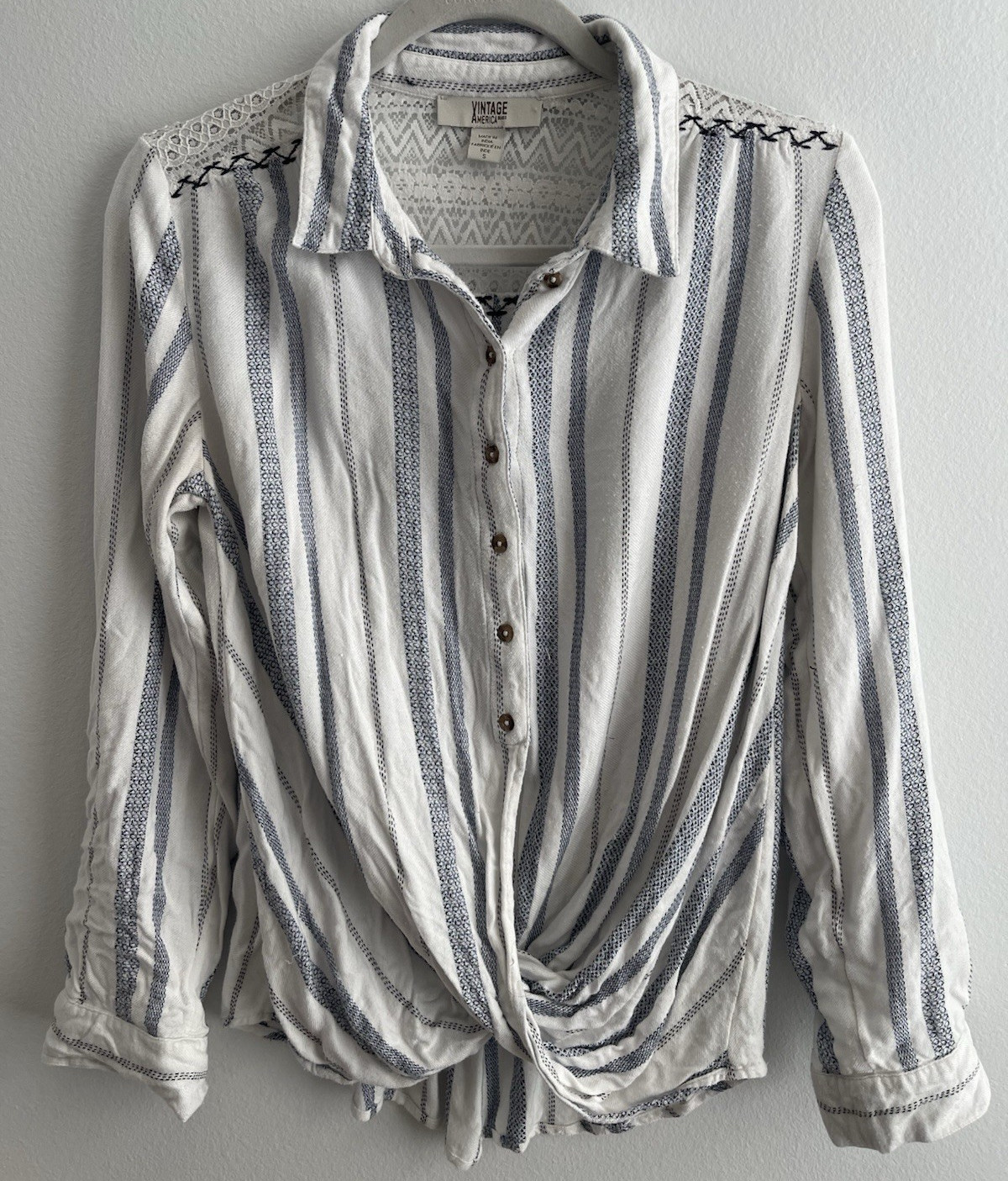 Vintage America Blues S Shirt Blue Stripe Lace Twist Front Boho Coastal Top