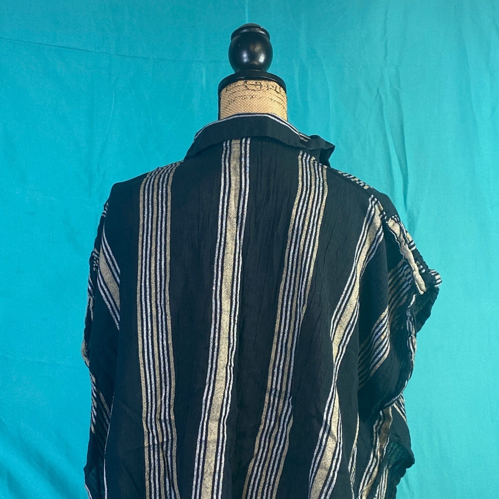 Accessory St New York Women Black Striped Cotton Poncho Top One Size Boho Gauze