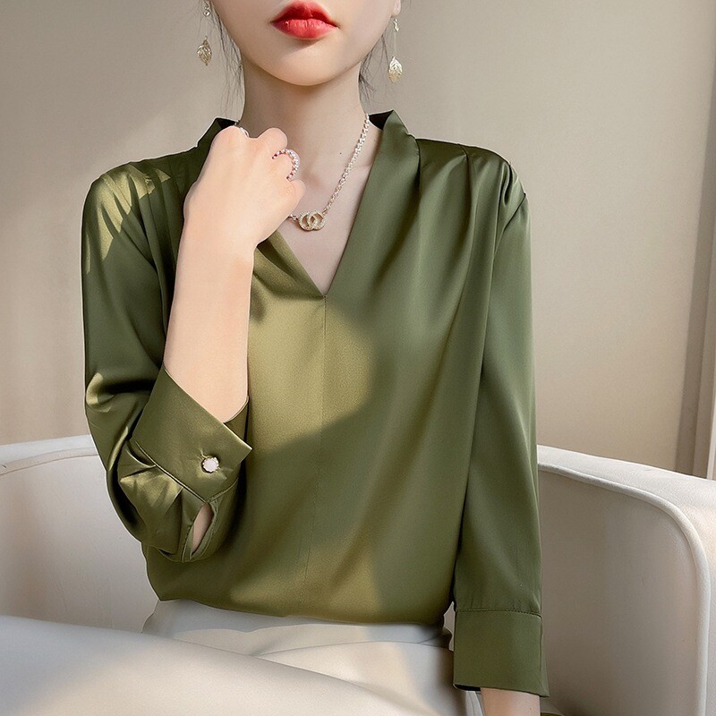 Women’s Elegant Silk Satin V-Neck Tops Shirt Long Sleeve Business Blouses Shirts