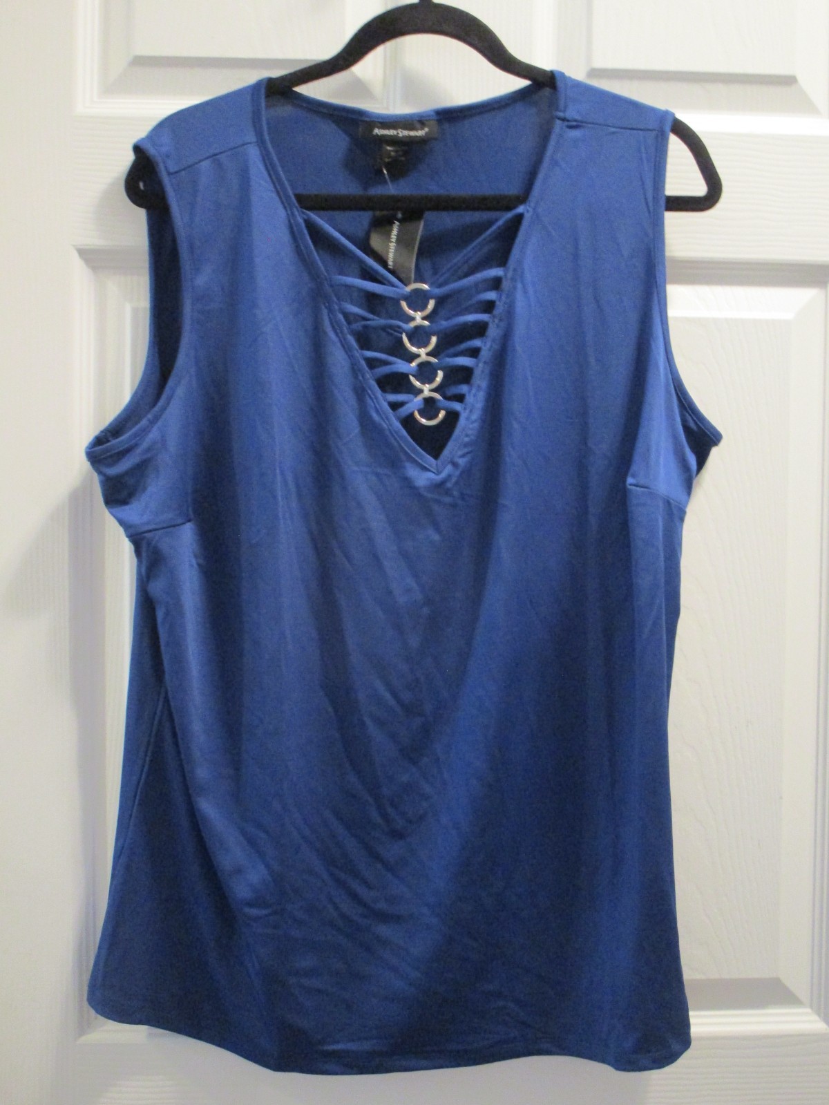 ASHLEY STEWART DEEP V LACE UP RING SAPPHIRE BLUE TANK TOP NEW