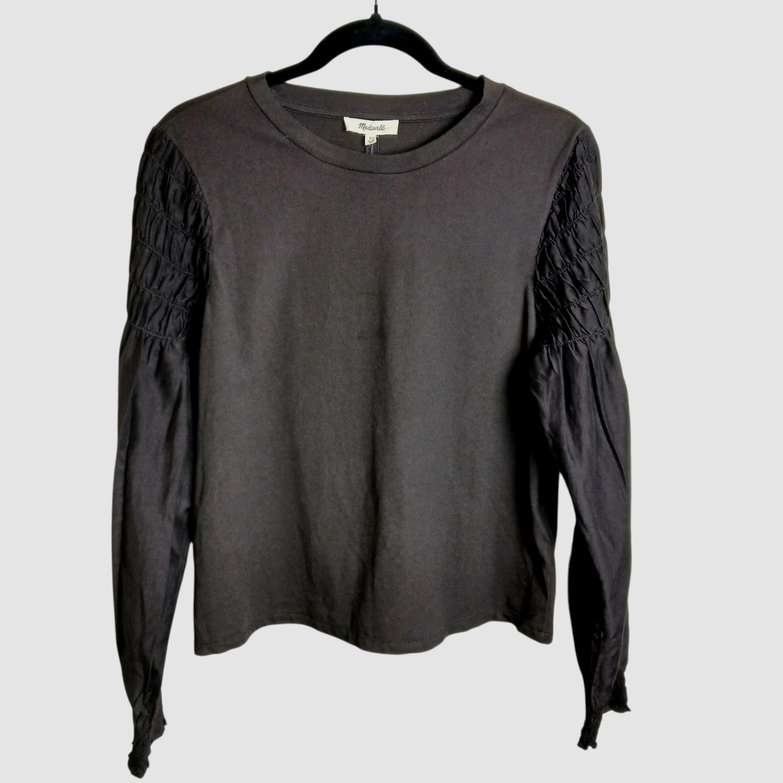 NWT Madewell Smocked Silk/Cotton Long-Sleeve Tee Top Brown Blouse Size Large