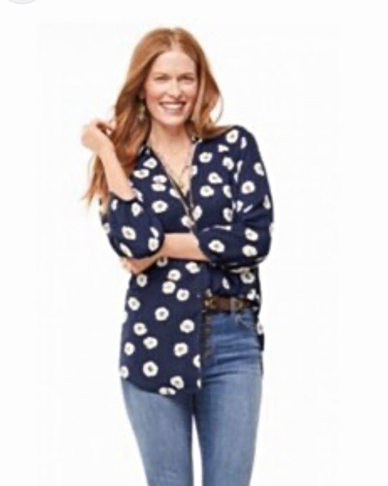 CAbi Women’s S Navy White Floral Polyester Collared Button-Up Long Sleeve Blouse