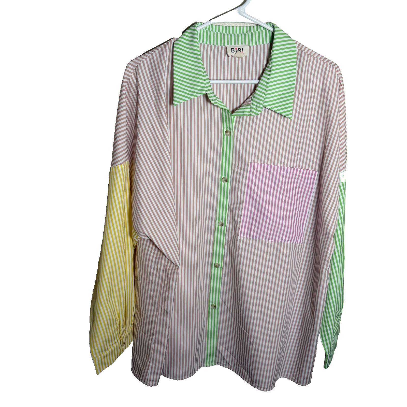 Bibi Blouse Women’s Large Colorful Striped Button Up Colorblock Collared Top