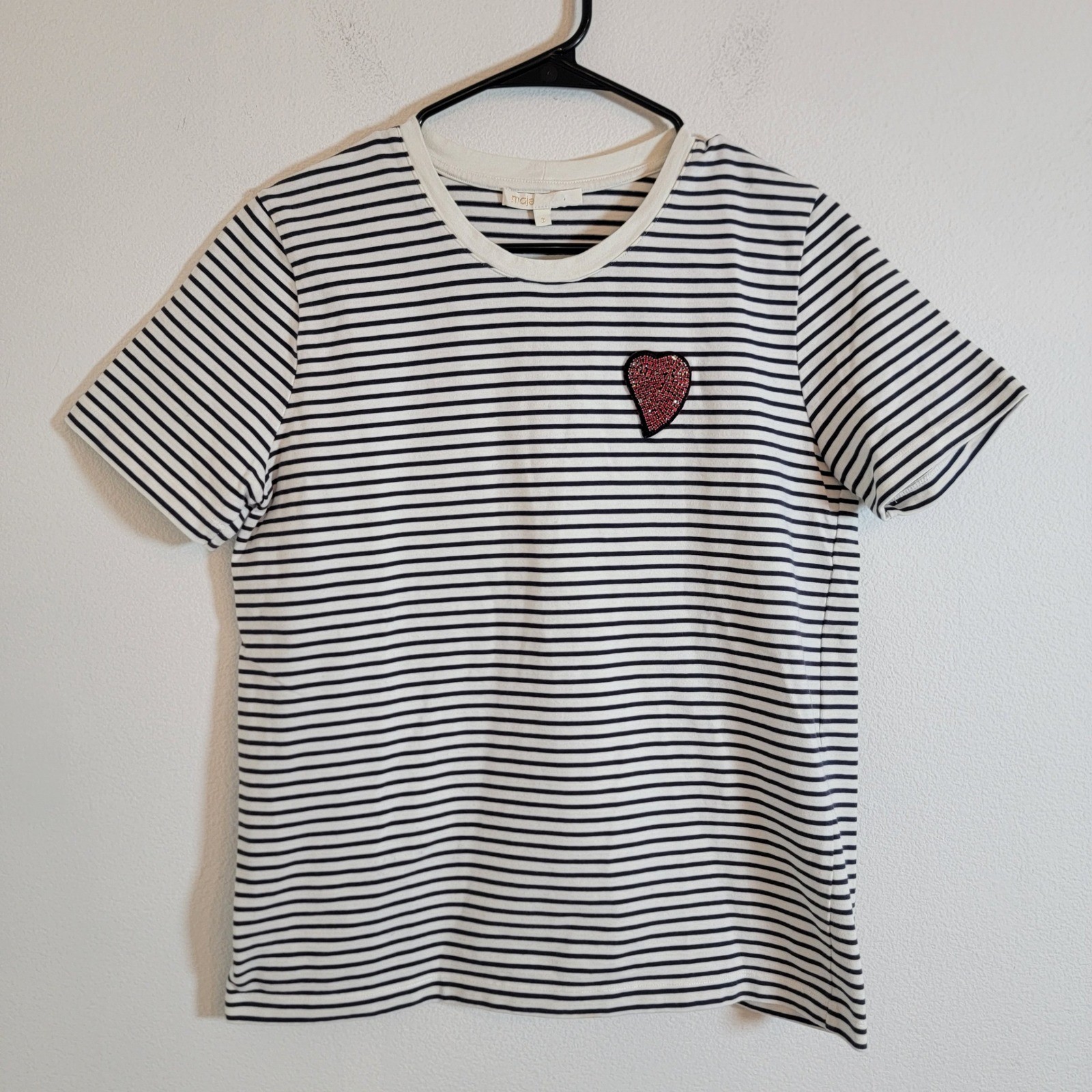 Maje Striped Crewneck Short Sleeve T-Shirt Sz 3 Heart Rhinestone 100% Cotton