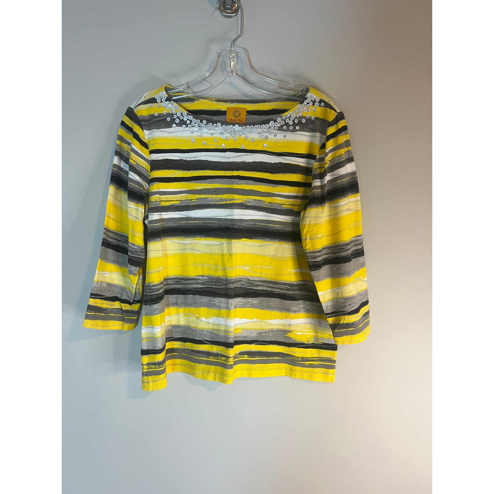 Ruby Rd Womens Yellow Grey Striped Sequin Boat Neck 3/4 Sleeve Knit Top Size M