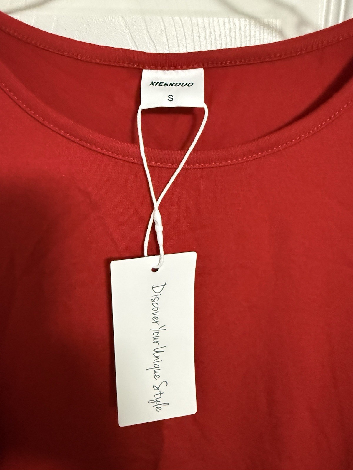 XIEERDUO Solid Red 3/4 Smock Cuff Sleeve Round Neck Pullover Top S