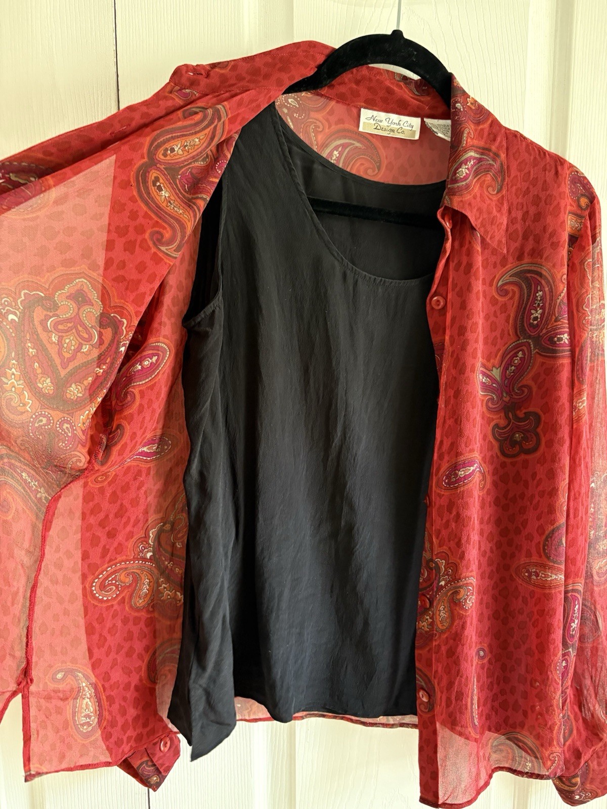 VNTG Y2K New York City Design Red Silk Paisley Leopard 2in1 Blouse Top Career S