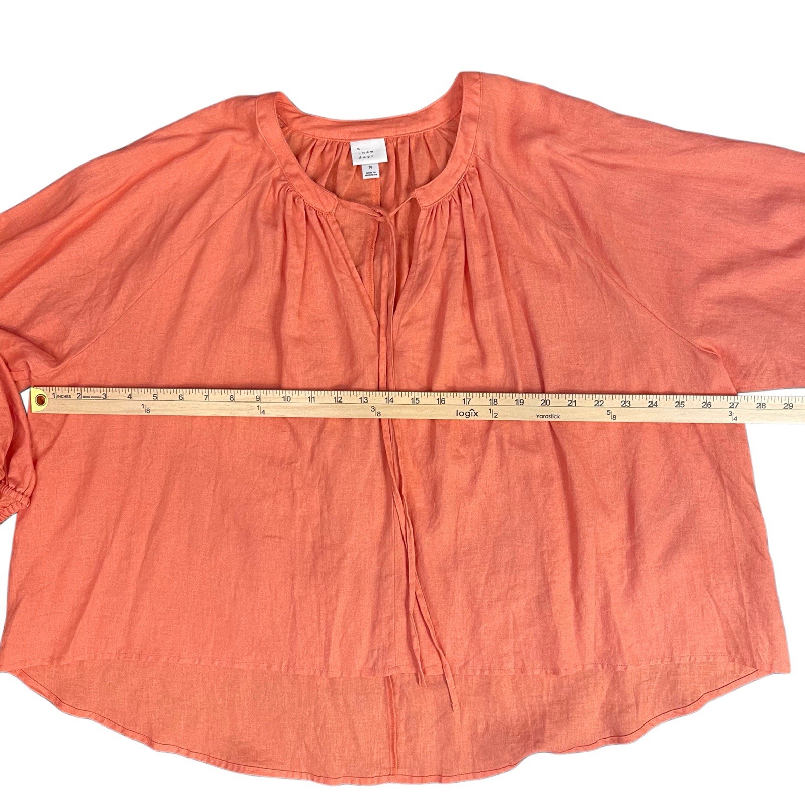 A New Day Hi Lo Orange Solid Tie Round Neck Woven Linen/Rayon Blouse Women M