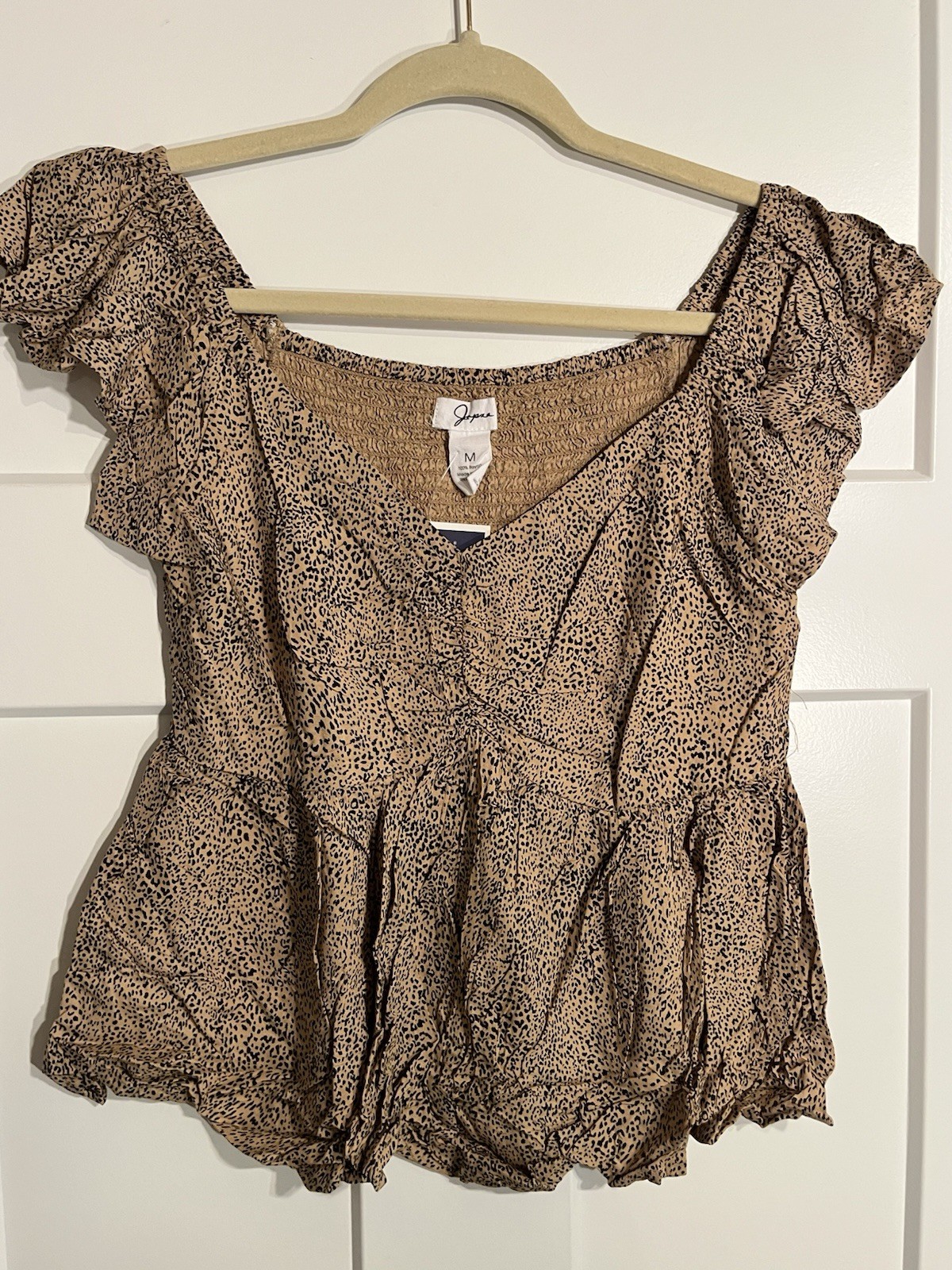 Japna Women’s Cheetah Print Smock V Neck Blouse Tan Size Medium
