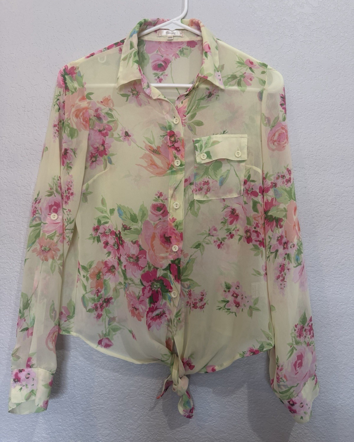 Timing Multicolor Floral Sheer Collared Button Front Long Sleeve Blouse S