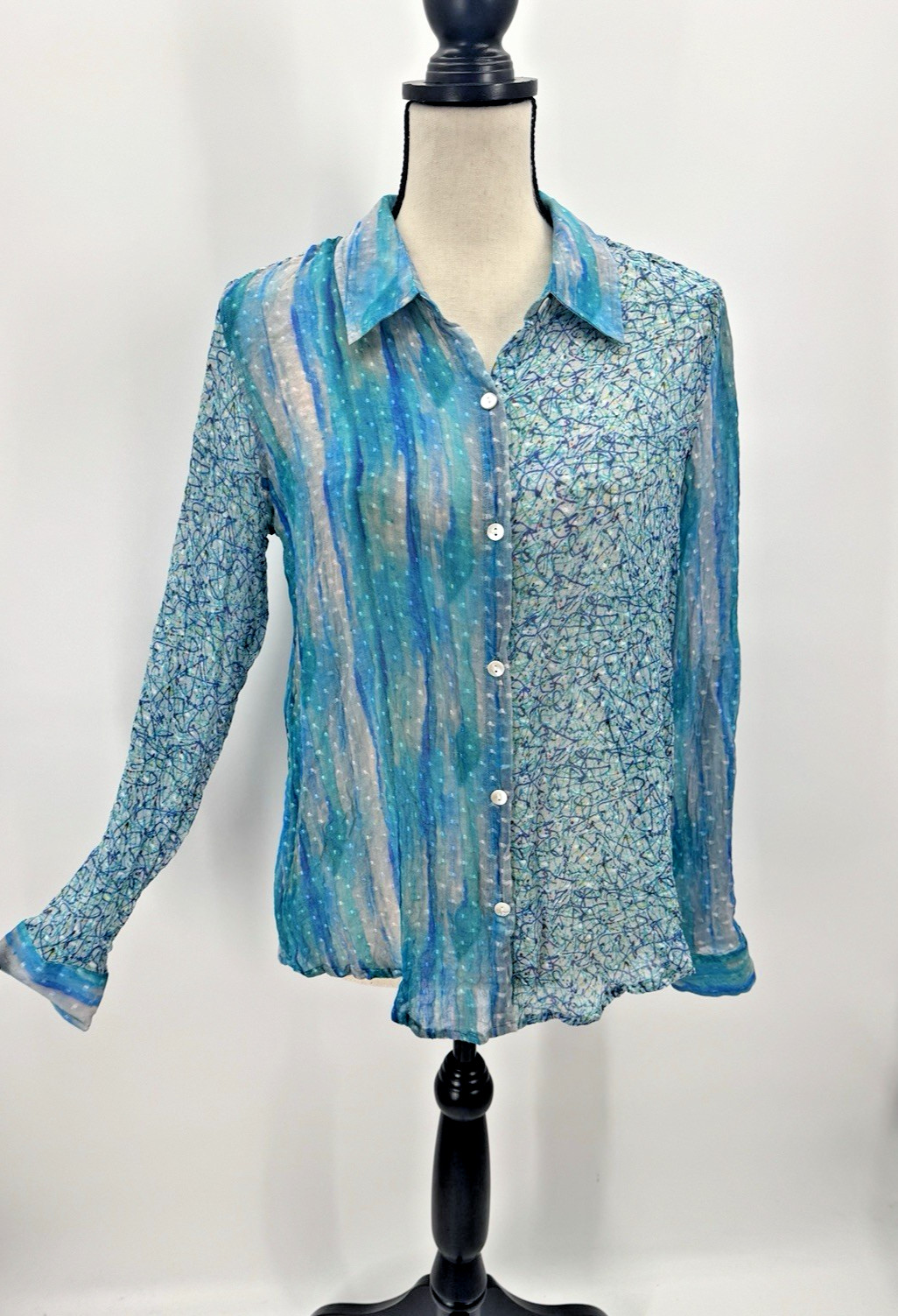 Nordstroms APNY Sheer Silk Top Medium Button Up Watercolor Wearable Art to Wear