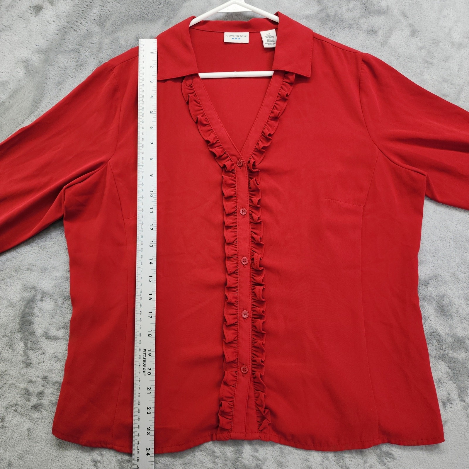 Vintage 90s Covington Top Womens L Red V-Neck Ruffled 3/4 Sleeve Button Up