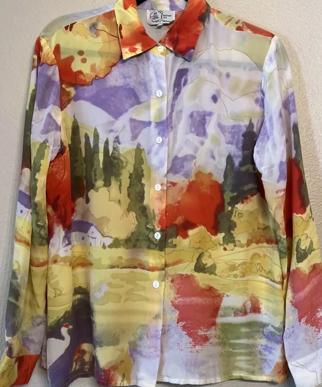 Michael Leu 100% Silk Long Sleeve Blouse Wearable Watercolor Size Medium