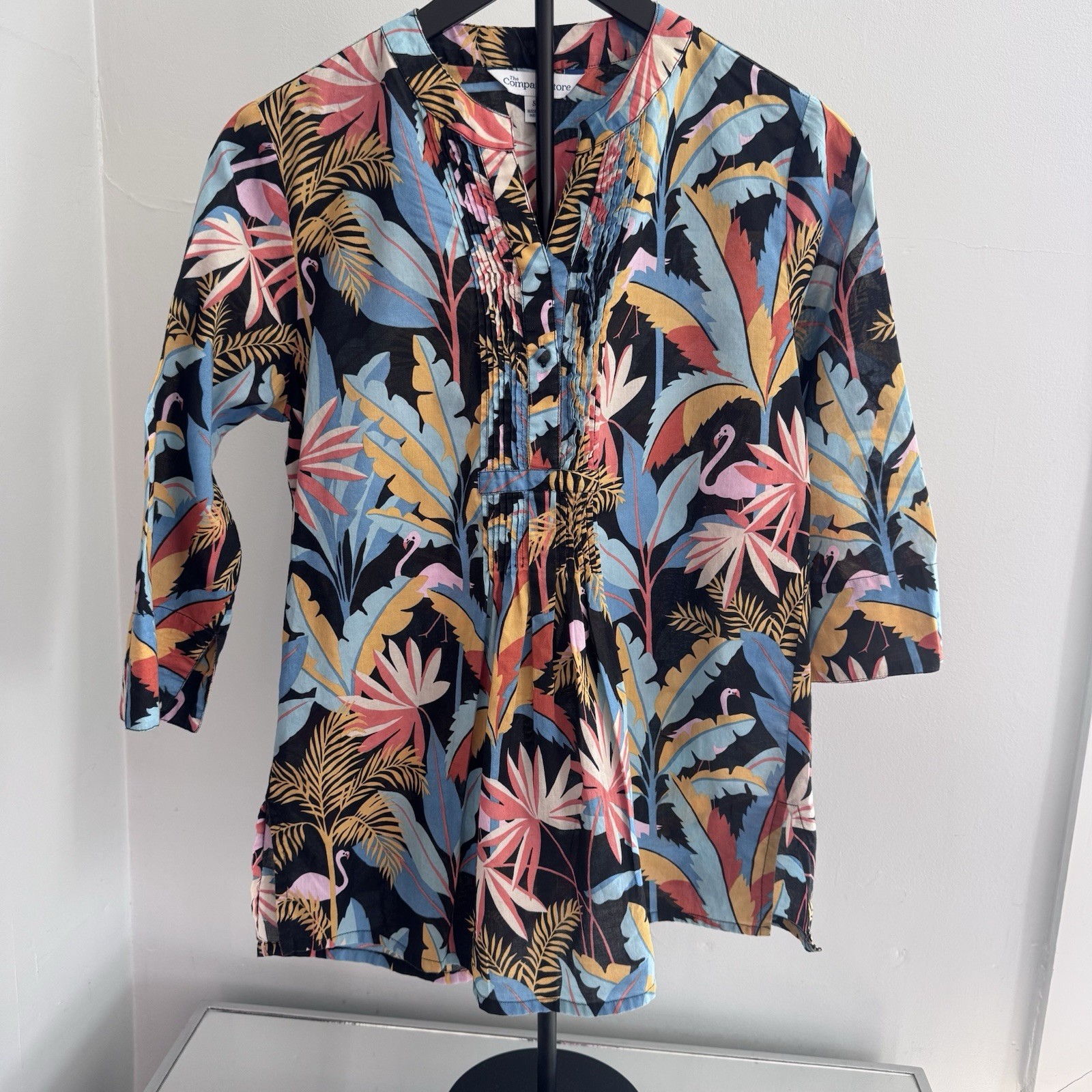 The Company Store Cotton Tropical Flamingo Print Blouse Women’s S Pintuck