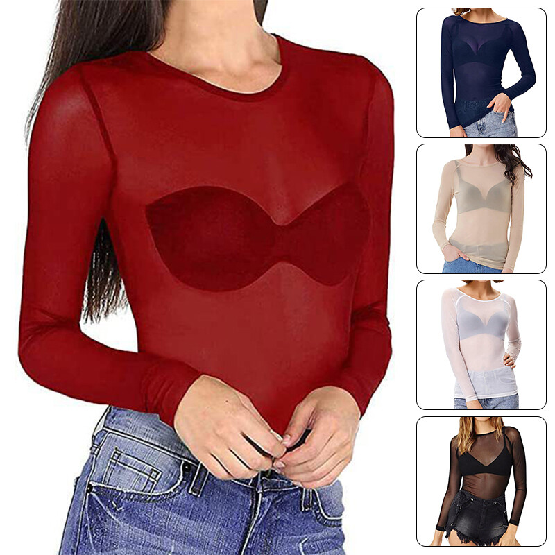 Womens See-Through Mesh Sheer Long Sleeve Summer Crop Tops T-Shirt Blouse Tee