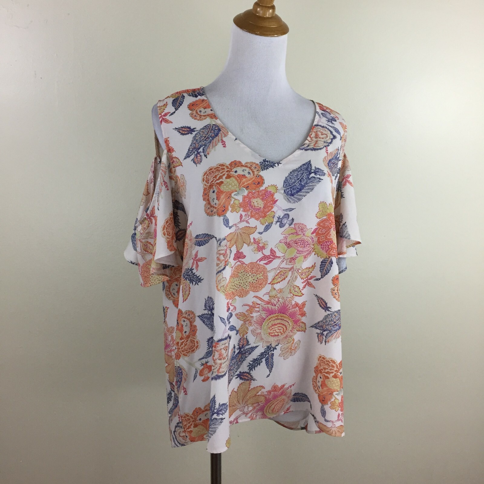 ANTIBES BLANC Womens sz Large White Multi-Color Cold Shoulder Floral Print Shirt