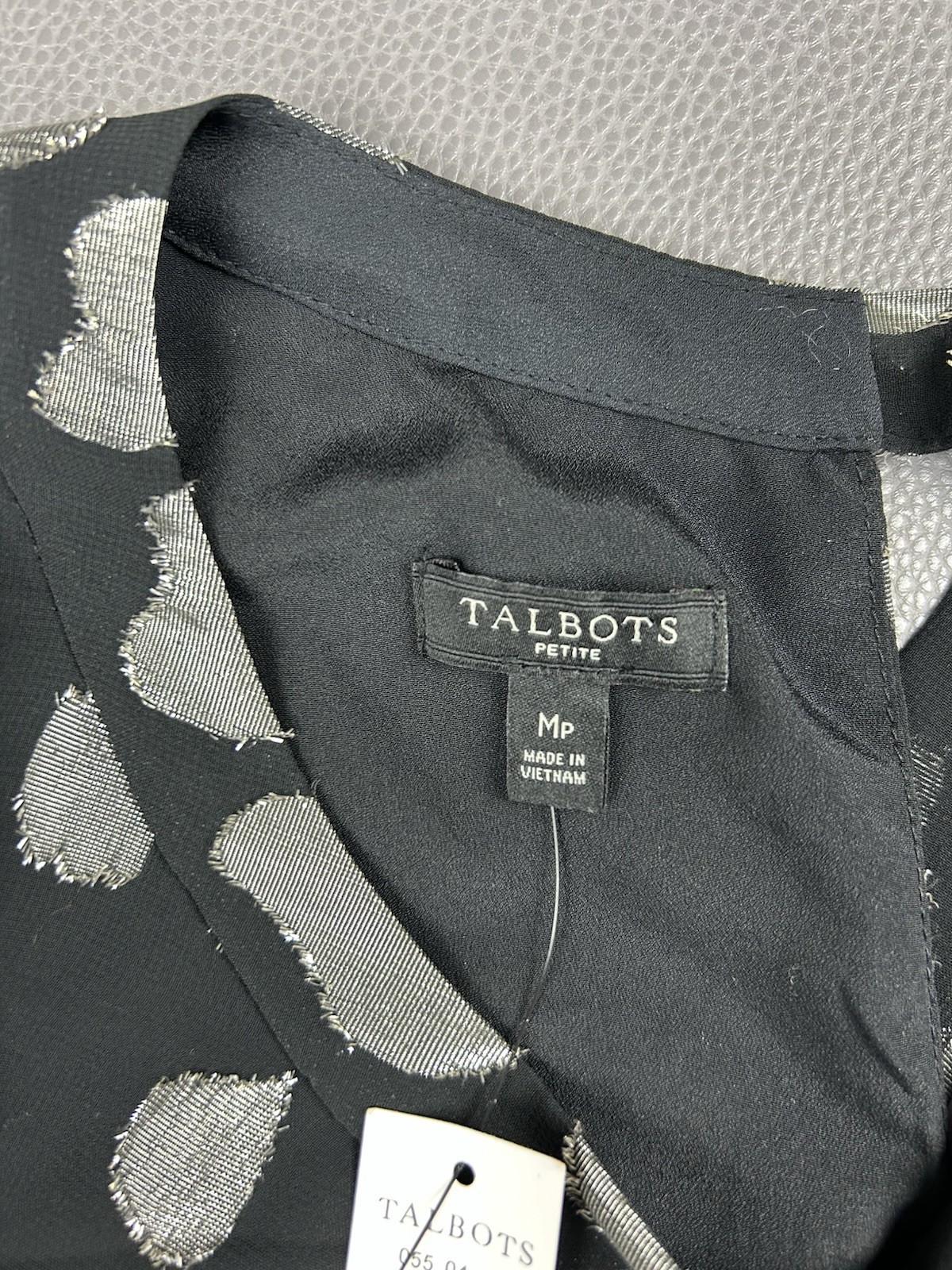 NEW Talbots Petite Medium Black Silver Polka Dot Long Sleeve Dressy Top Chiffon