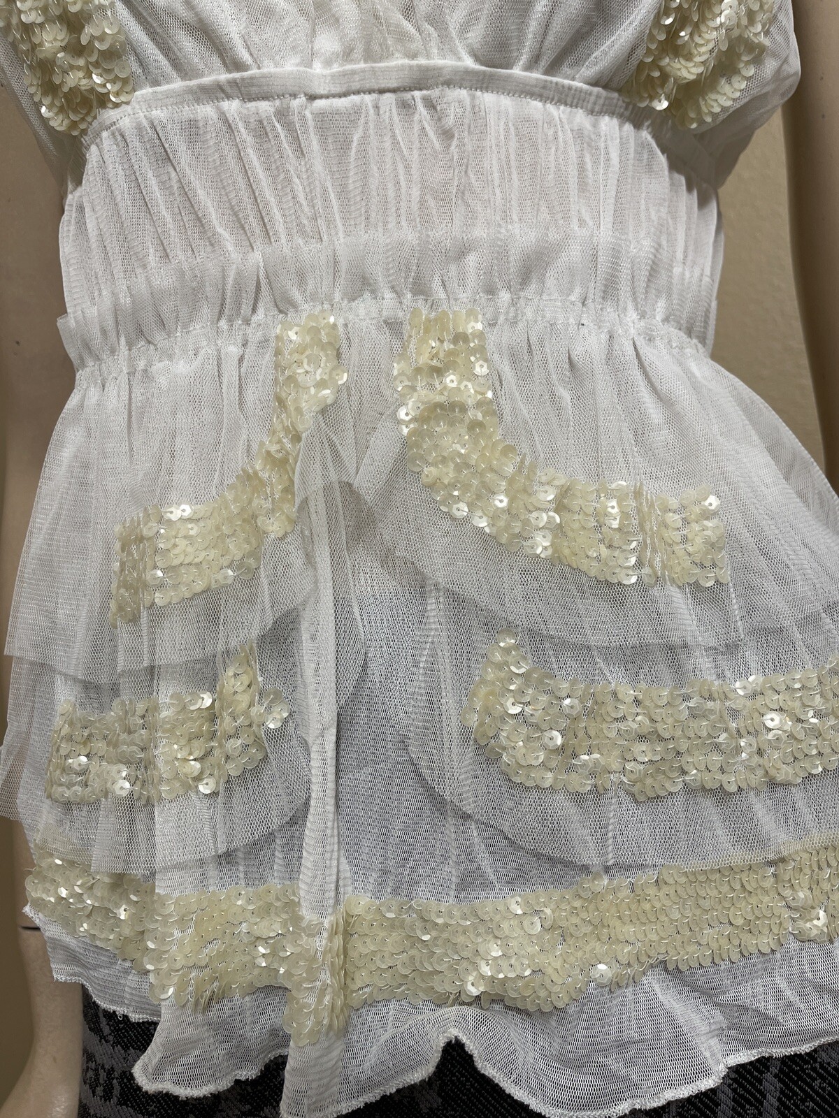 Women’s White Polyester Cocktail Layered Lace Beaded Pleated Size M Blouse Top