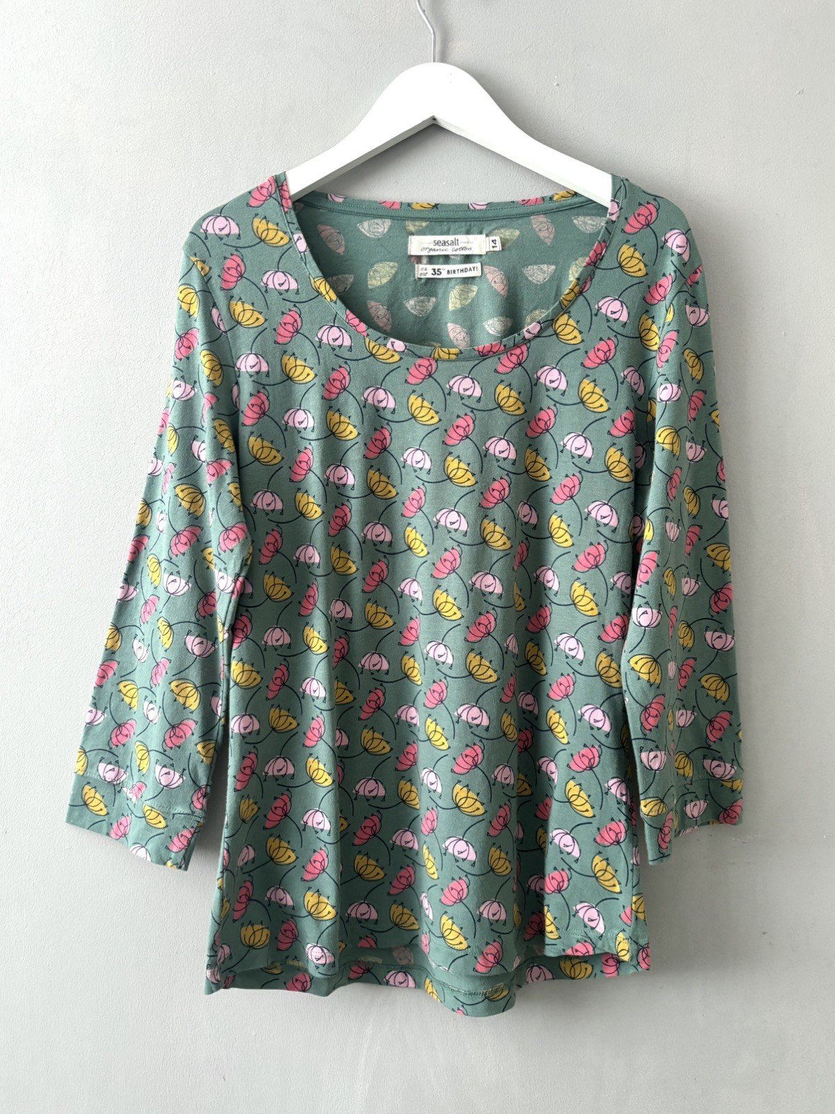 Seasalt Cousin Jinny Top Size 14 Green 3/4 Sleeve Floral Stretch Cotton