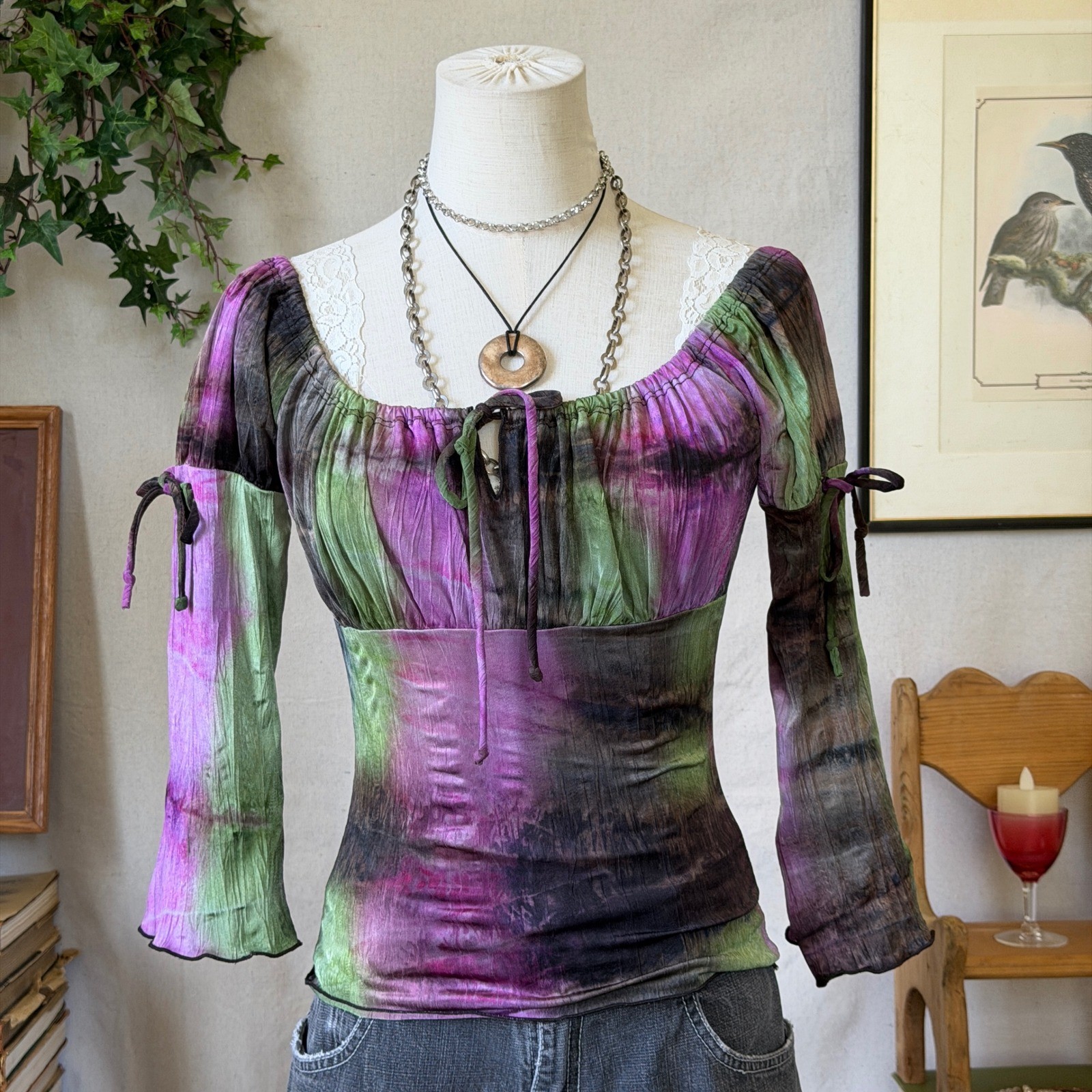 Purple Green Tie Dye Milkmaid Top Fairy Grunge Y2K Vintage Small
