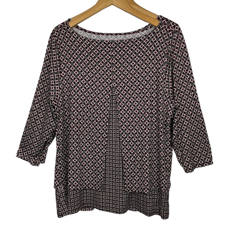 Womens J. Jill Wearever Large Petite Geometric Print Pull on Top Maroon Navy