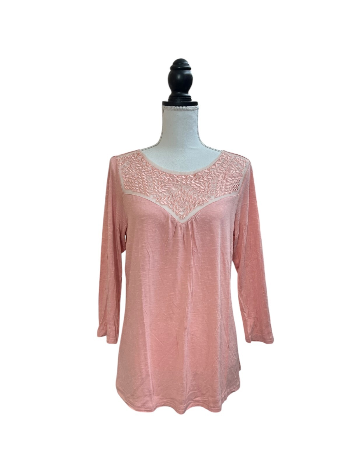 New Directions Blouse Womens Medium Pink Knit Embroidered Lace Trim Stretch