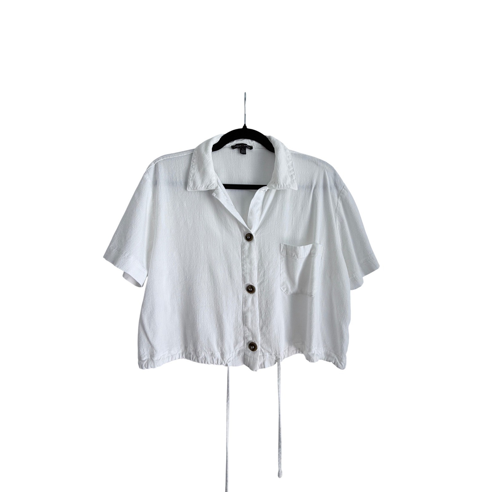 Moa Moa Women’s White Cropped Button Up Drawstring Blouse Textured Large