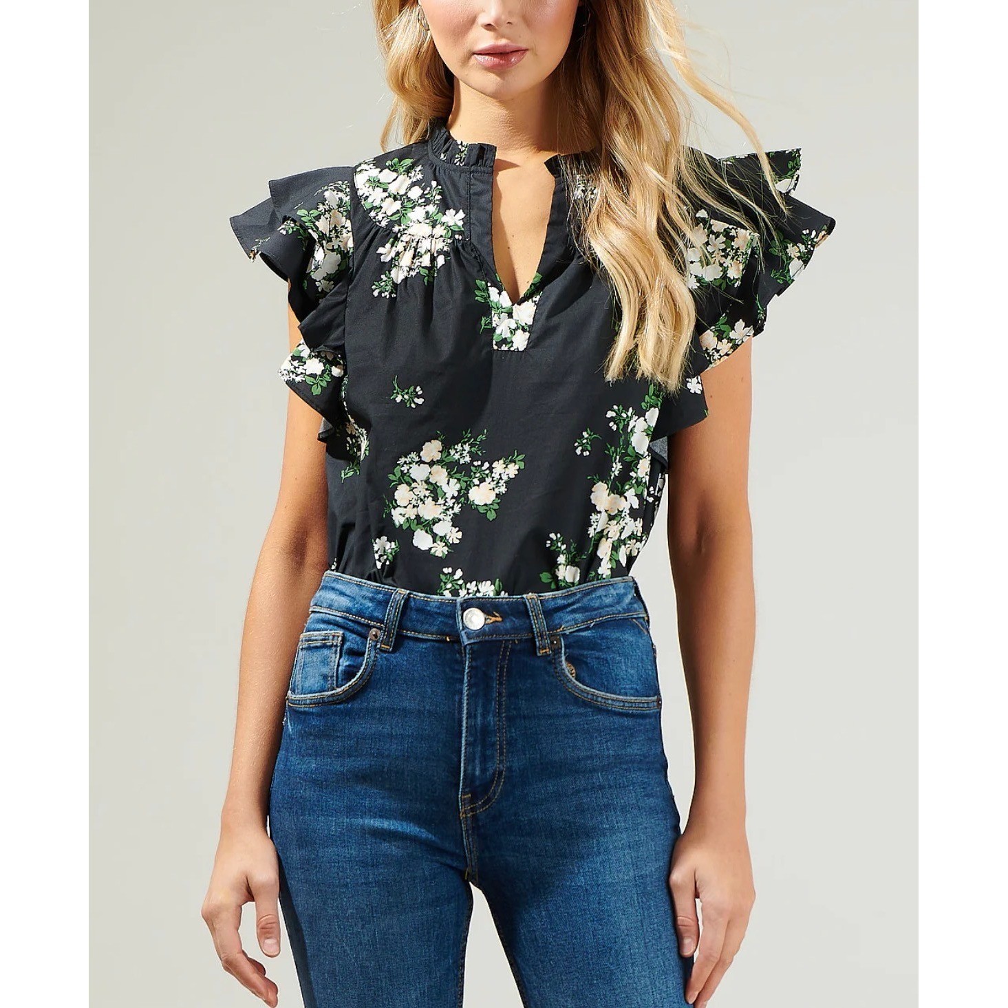 Sugarlips Black Emery Floral Split Neck Ruffle Sleeve Cotton Top Medium Womens