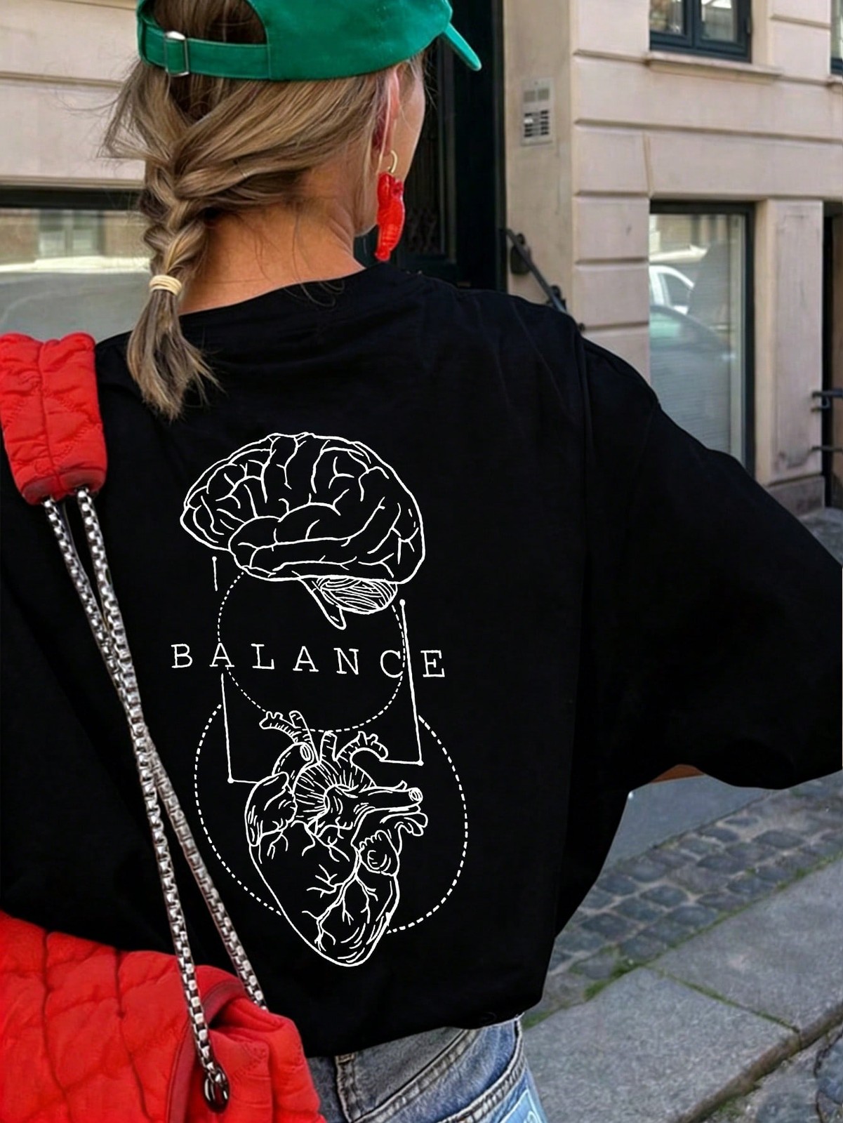 Brain And Heart Anatomy Print, Loose Oversized Fit,Round Neck Short Sleeve Top