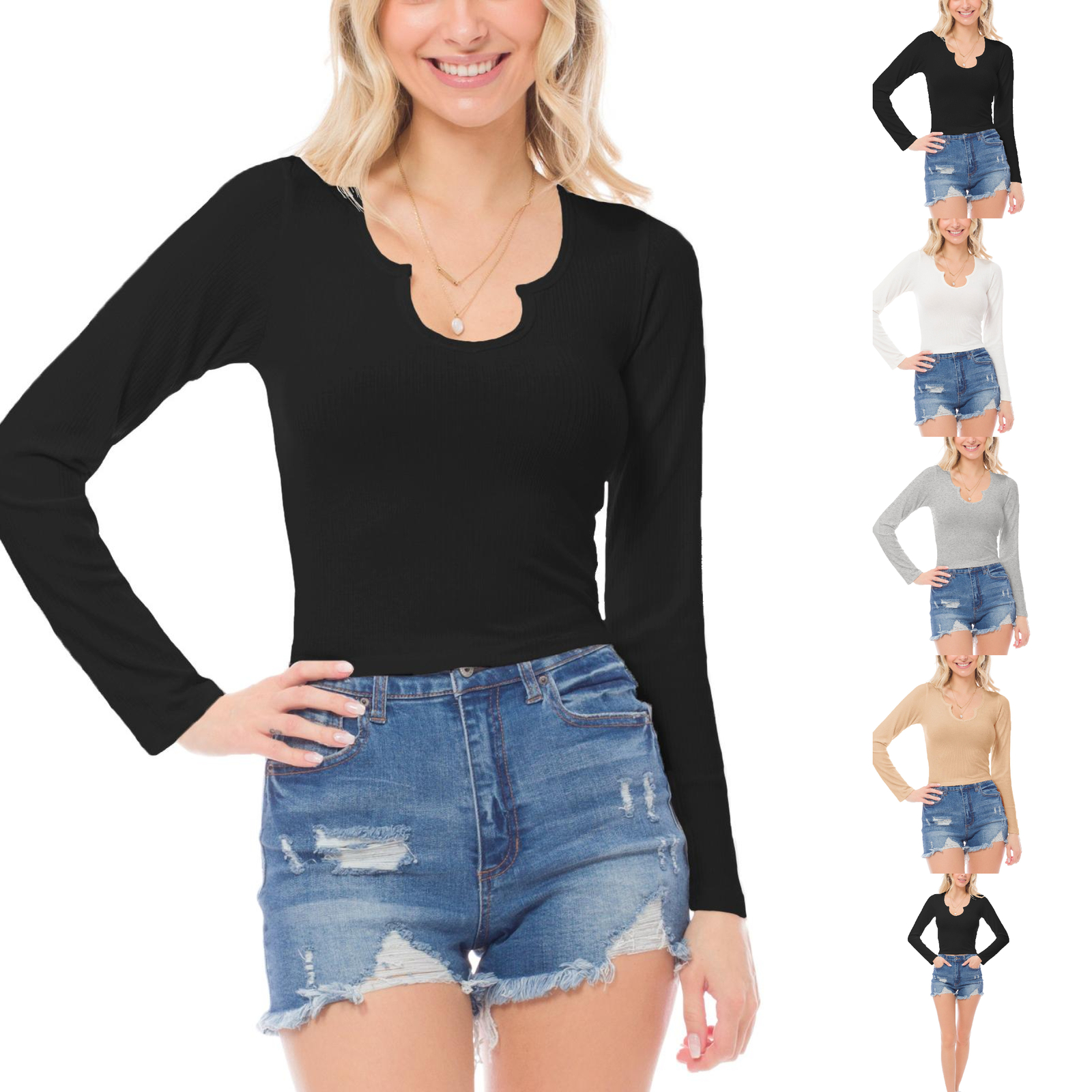 MixMatchy Solid Ribbed Notched Neckline Long Sleeve Stretch T-Shirt Top
