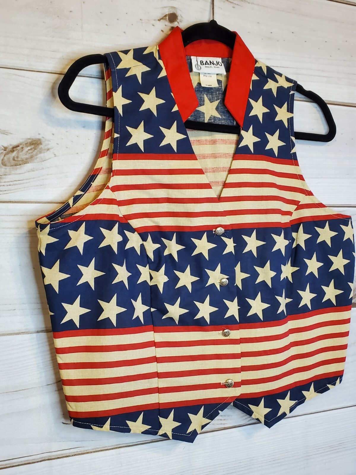 Vintage Banjo XL Crop Shirt Vest Sleeveless Patriotic American Flag 80s 90s TX