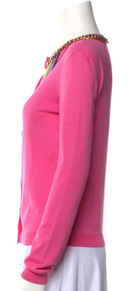 Moschino Couture BARBIE PINK Logo Letter Gold Chain Cardigan Sweater SMALL S