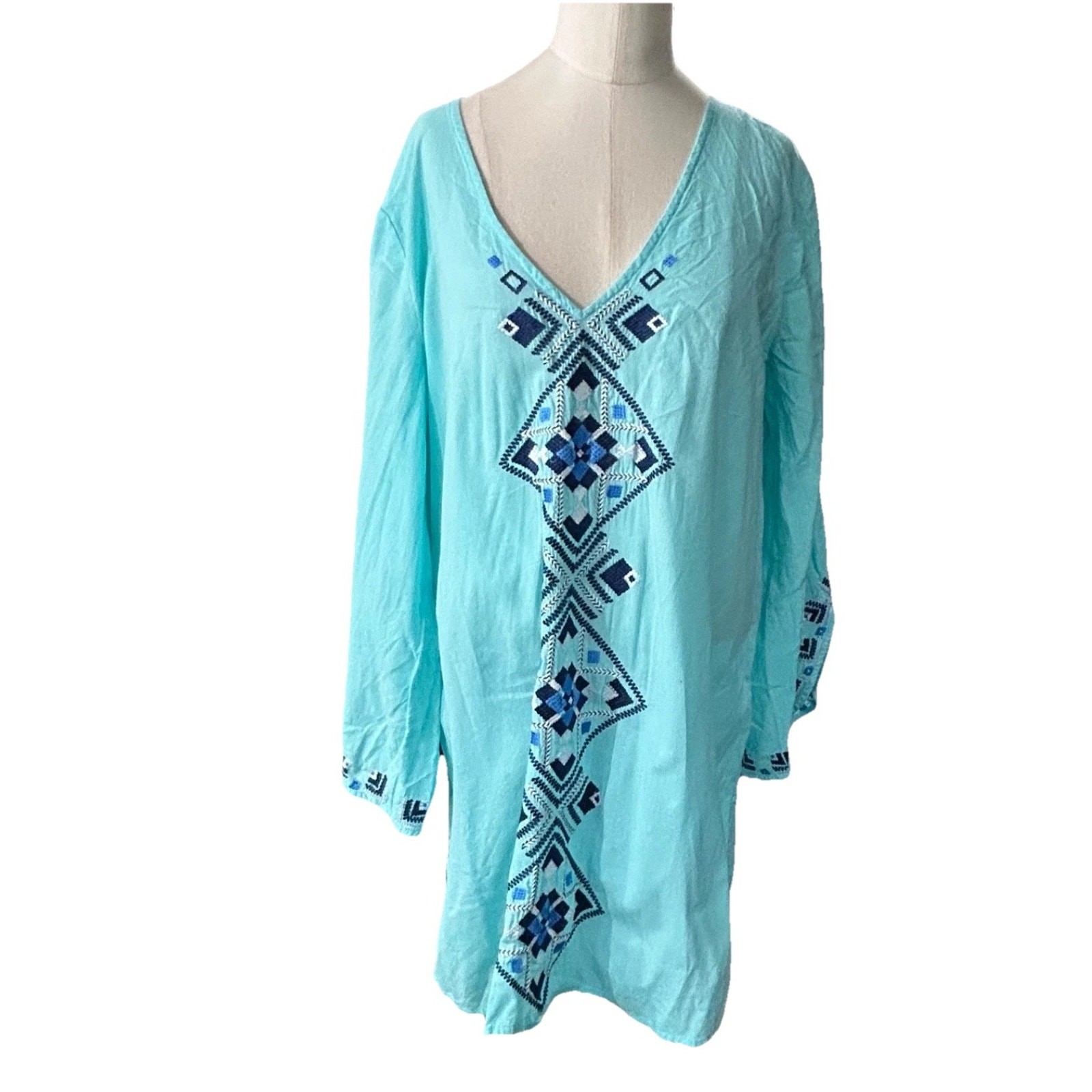 Mud Pie Beach To Bar Tunic L Turquoise Aztec Embroidered Cover Up Boho