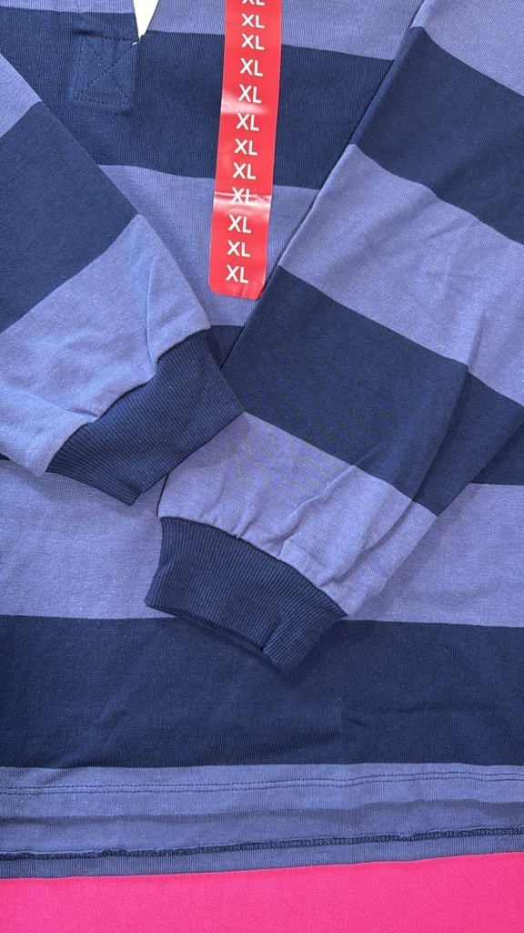 Lands’ End Rugby Shirt Navy Blue Stripe Size XL – Classic Cotton Collared Top