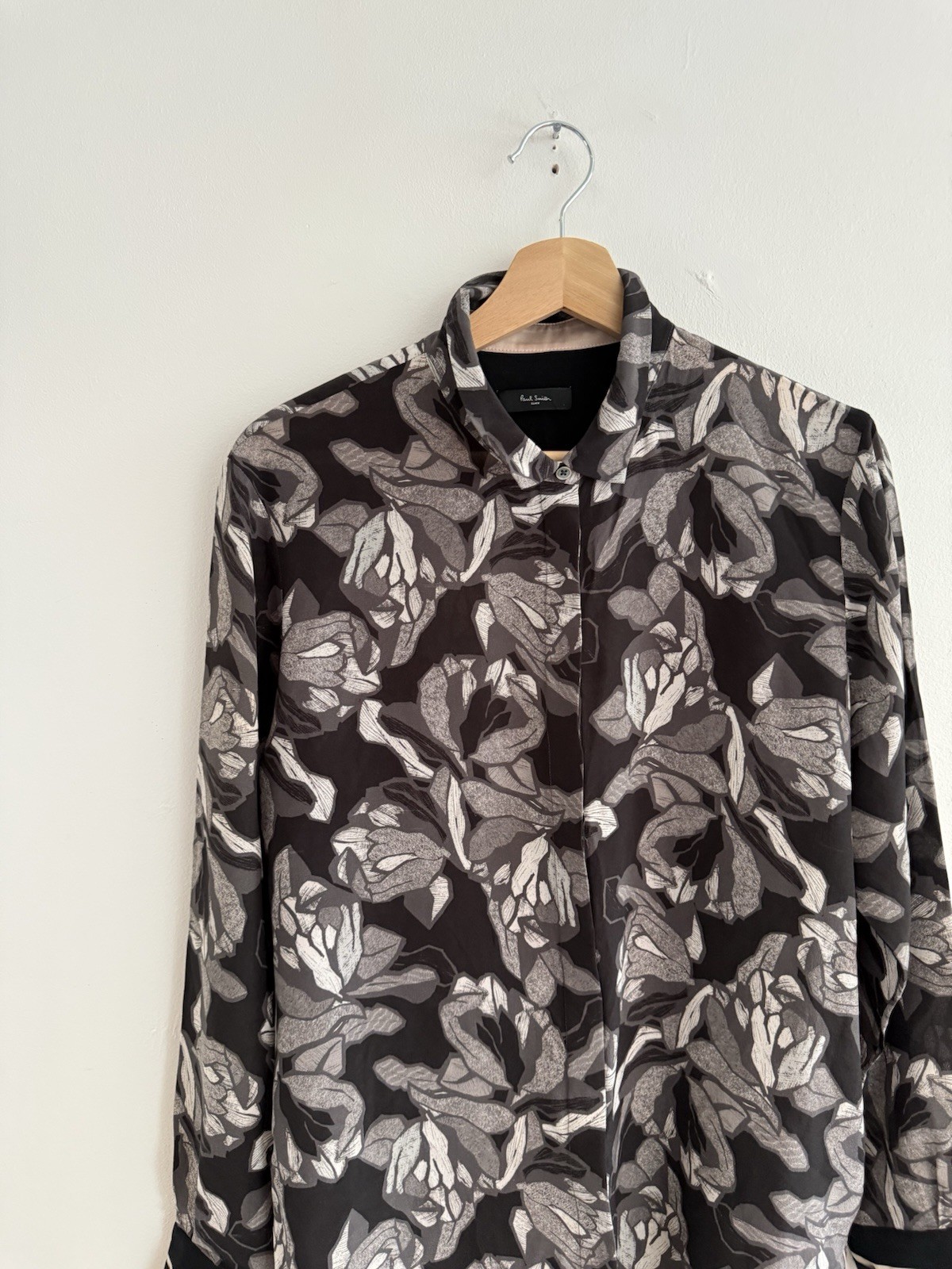 Paul Smith Blouse Womens XL Extra Large 46 Black Grey Floral Shirt Silk
