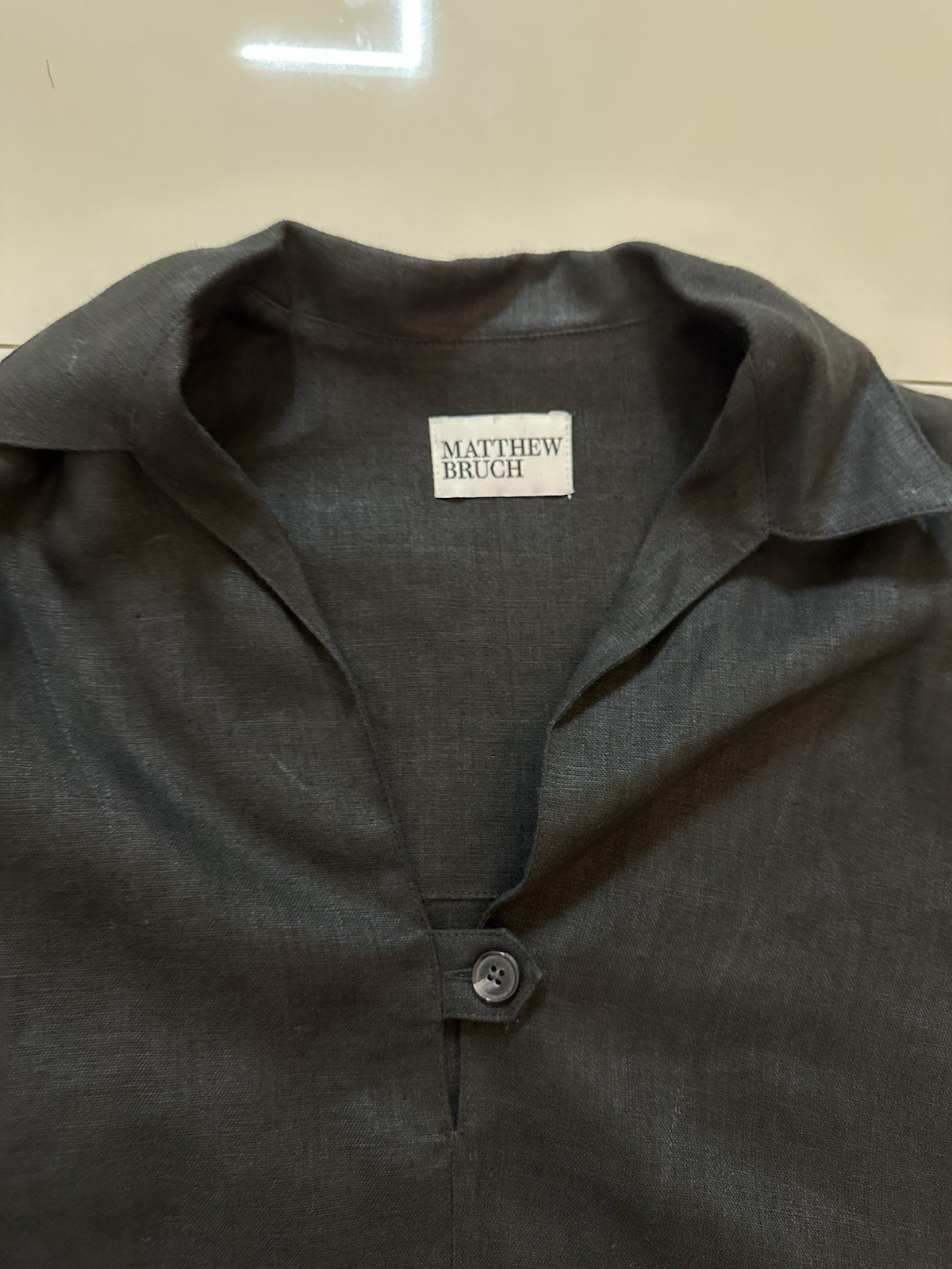MATTHEW BRUCH Popover Crop Shirt in Linen BLACK SIZE 1/XS/US 2 $345