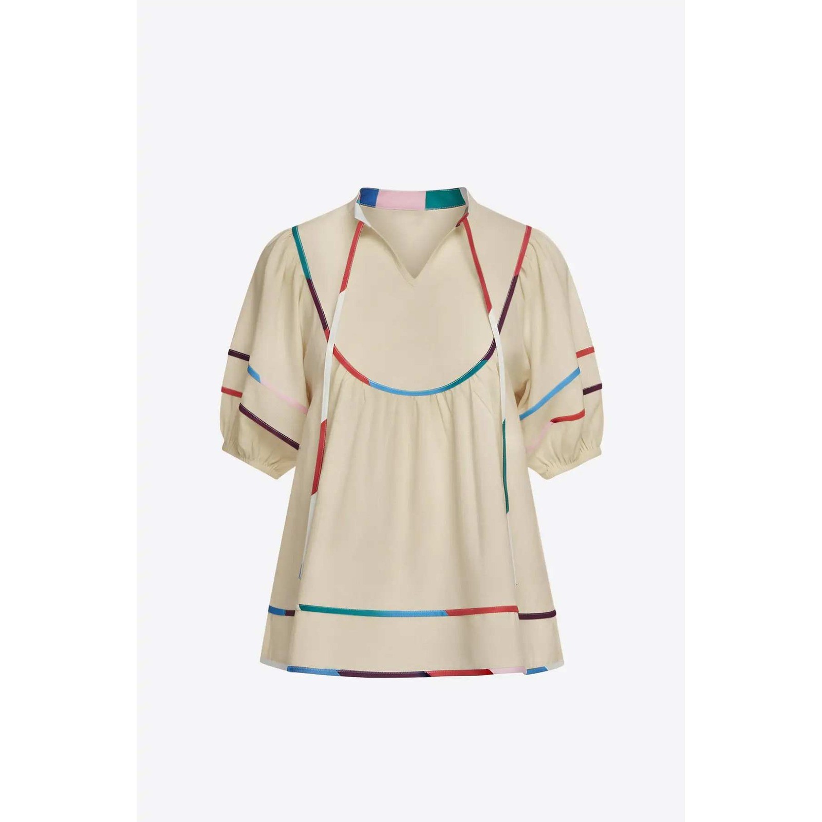 Cicy Bell Cream Babydoll Top Multicolor Ribbon Trim Puff Sleeve