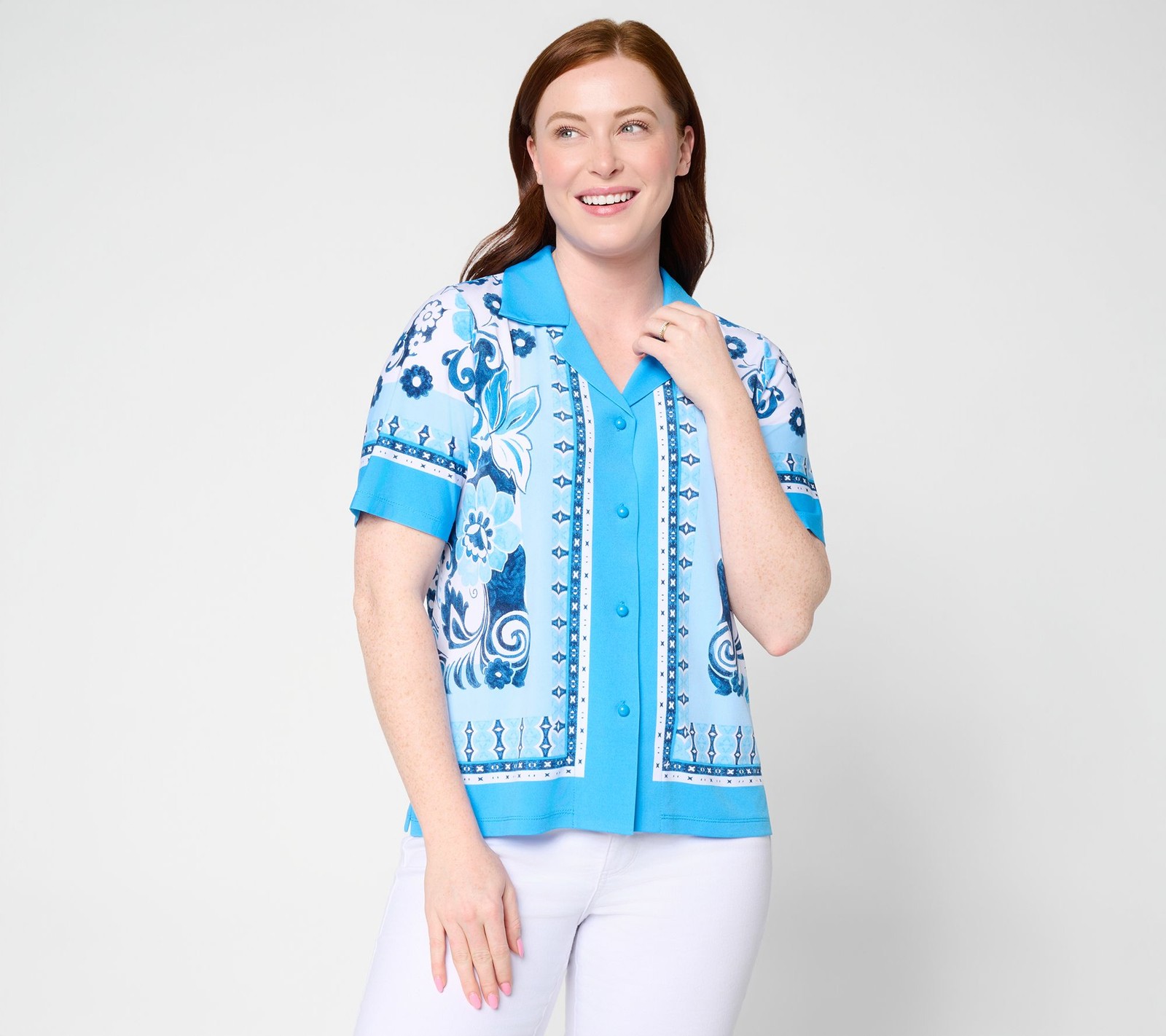 Susan Graver Printed Liquid Knit Button Front Camp Shirt Blue Lagoon S Used