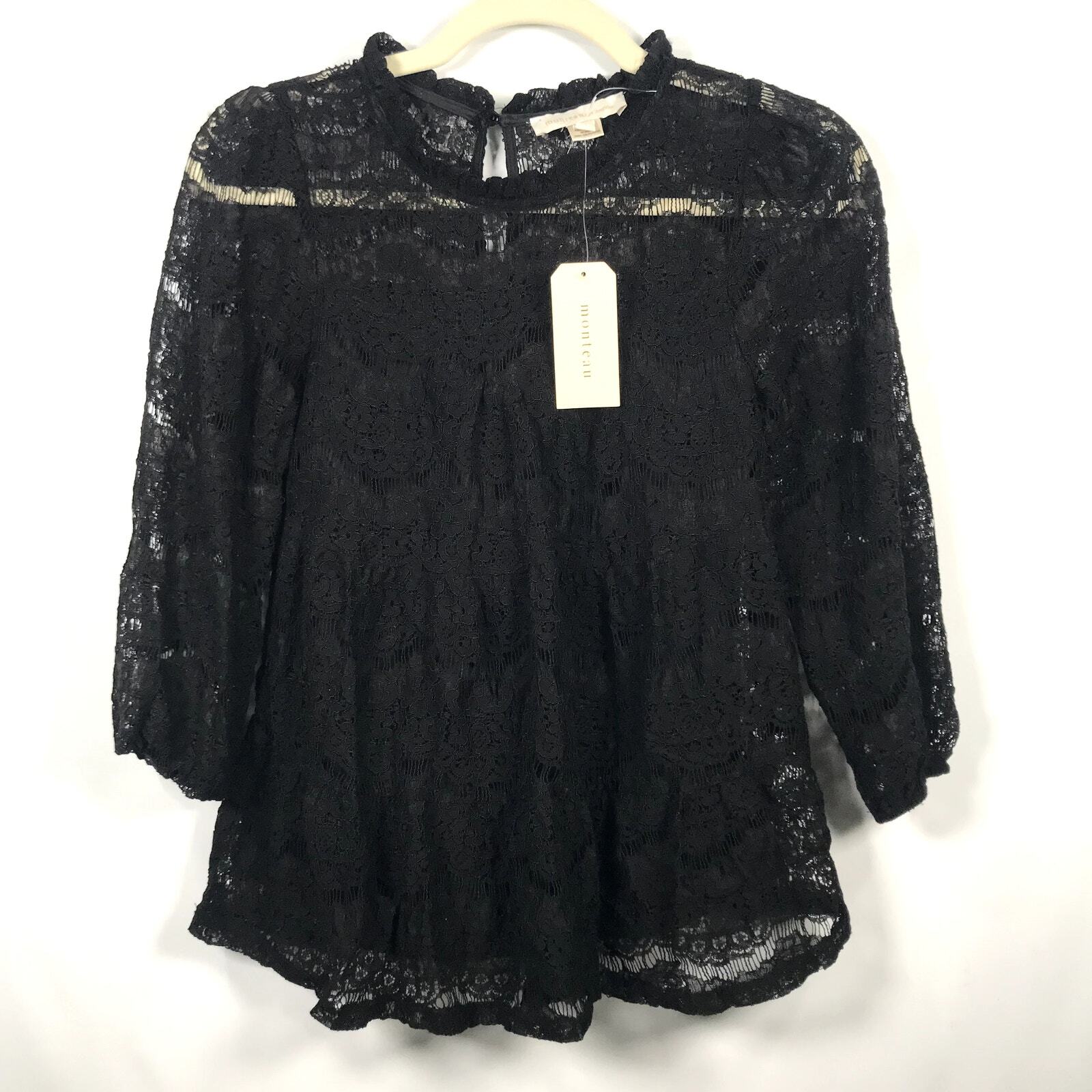 Monteau Top Womens Small Black Blouse Lace Ruffle Goth Victorian High Neck Sheer