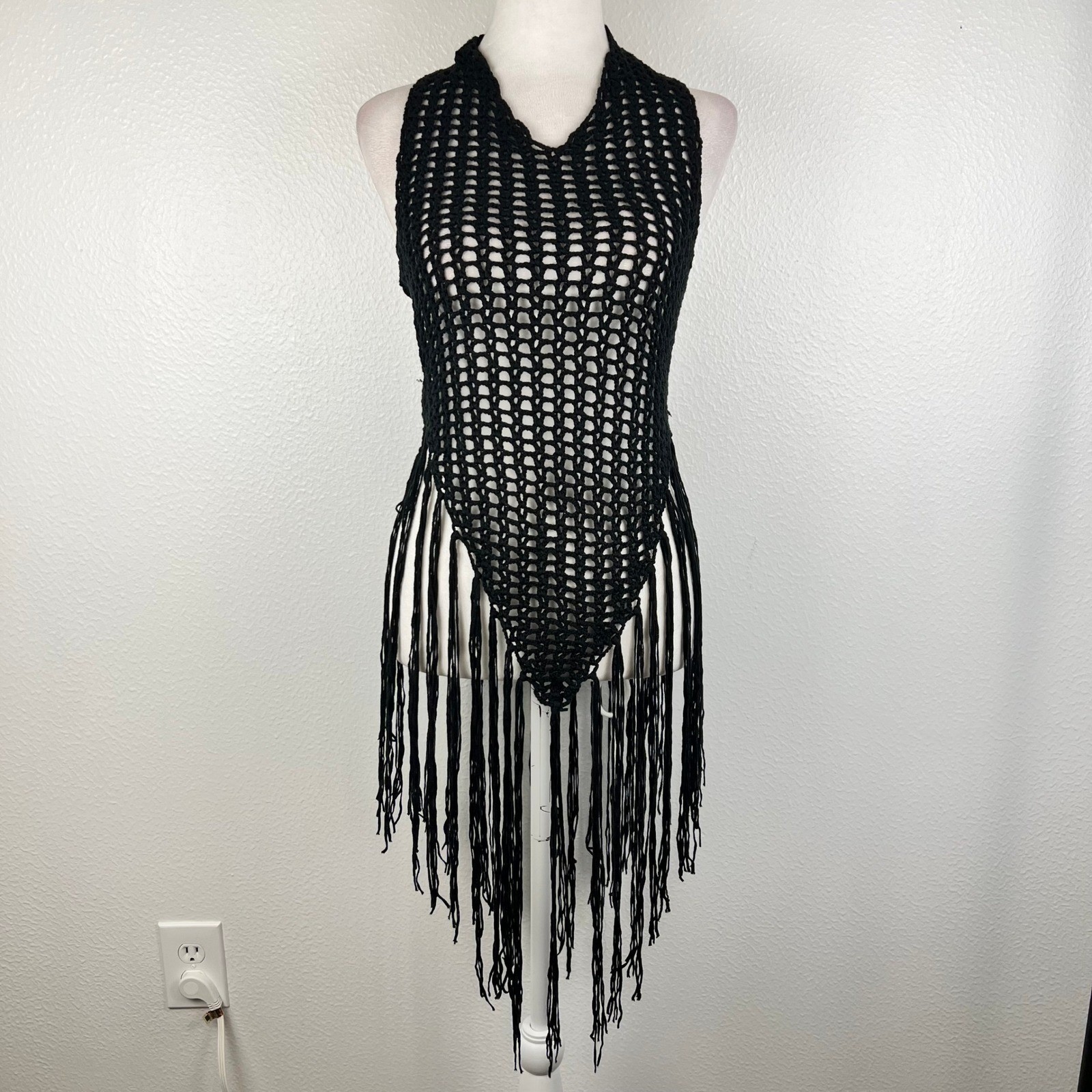Black Crochet Halter Top Fringe Festival Sexy Boho Unique Artsy Mesh One Size