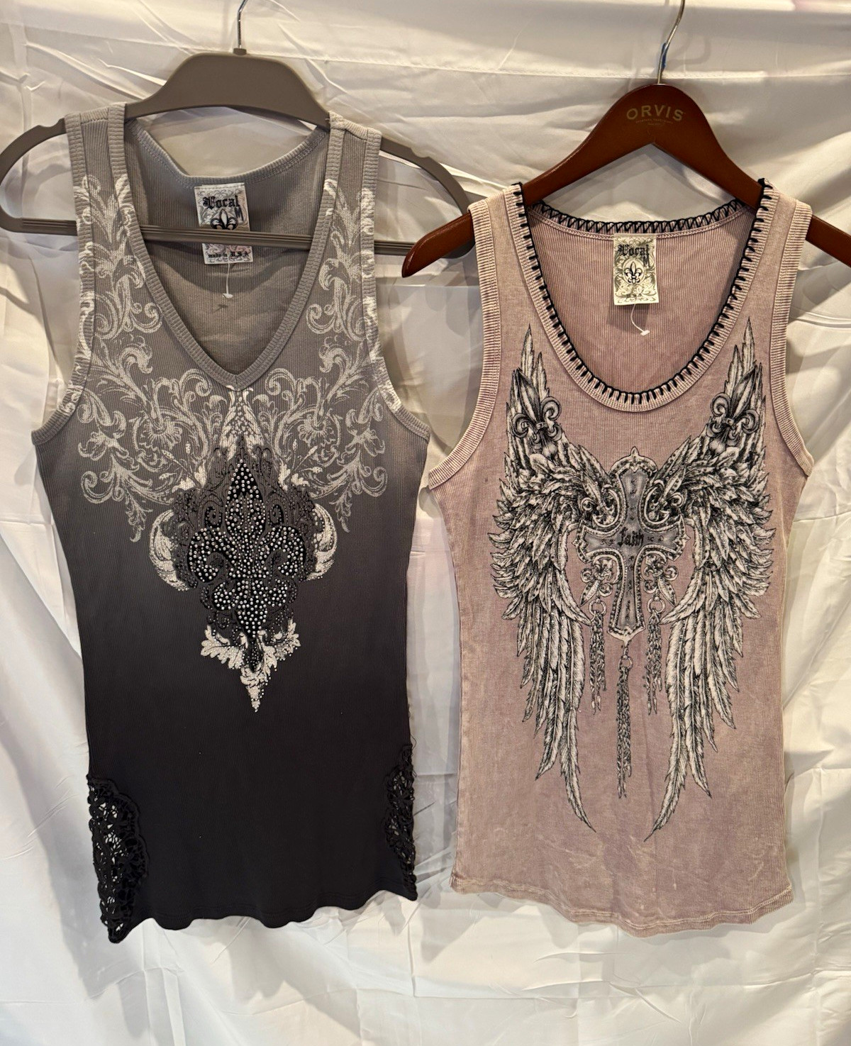 Vocal Women M Sleeveless Knit Graphic Print Angel Tank Rhinestone Lace