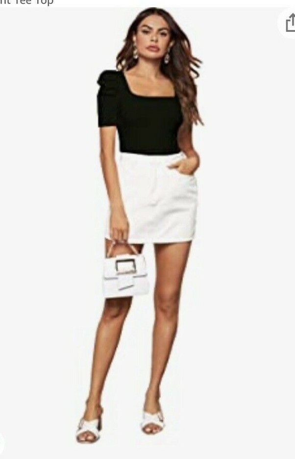 Womens Puff Sleeve Square Neck Short Sleeve Elegant Tee Top Ribbed Black XXL NEW