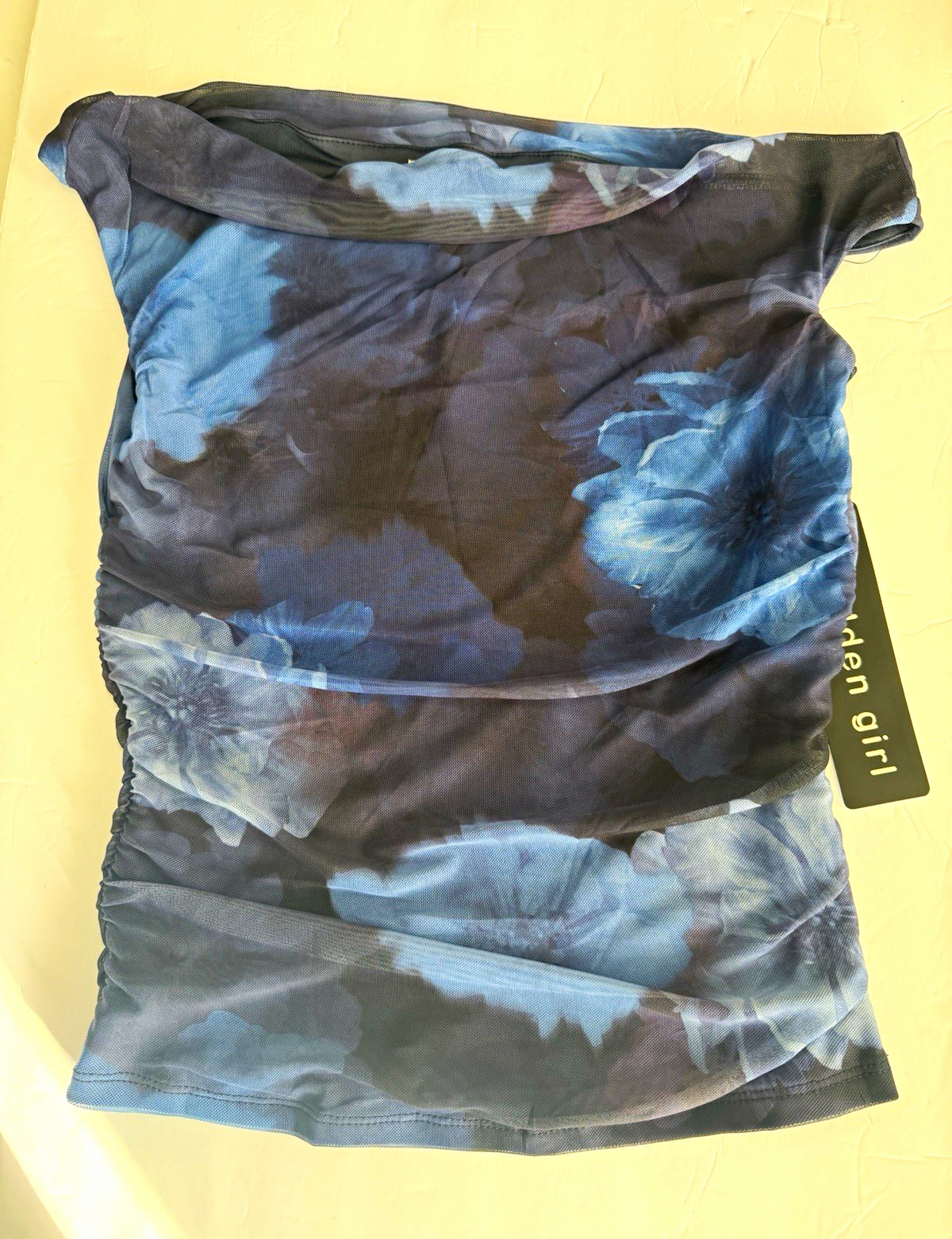 Madden Girl One Shoulder Ruched Floral Mesh Stretch Cami Top Blue/Gray – M