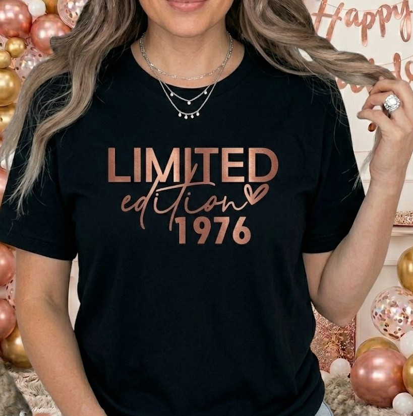 Limited Edition Birth Year Gift, Personalised Women’s Birthday Tee, Rose Gold