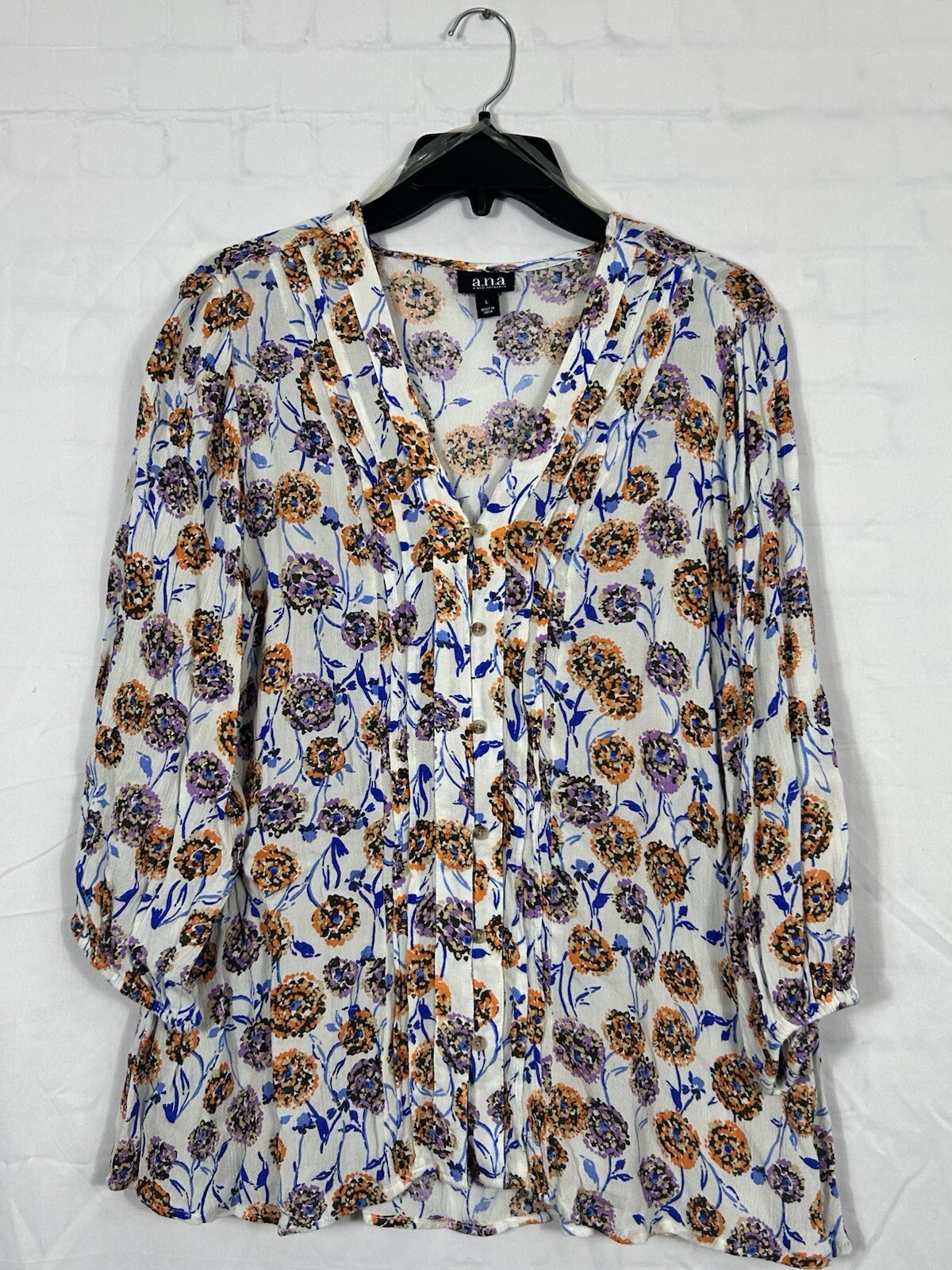 A New Approach Women’s Sz Large Floral Pattern Top V-Neck 3/4 Sleeves (N)