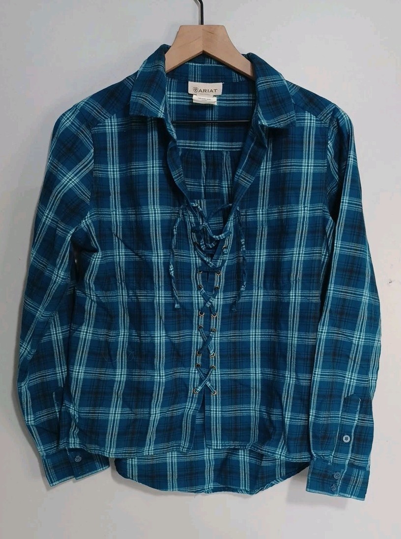 Ariat Flannel Womans Sz M Teal/Auqa Sandy Lace Up/Tie Front Plaid Cotton (L4)