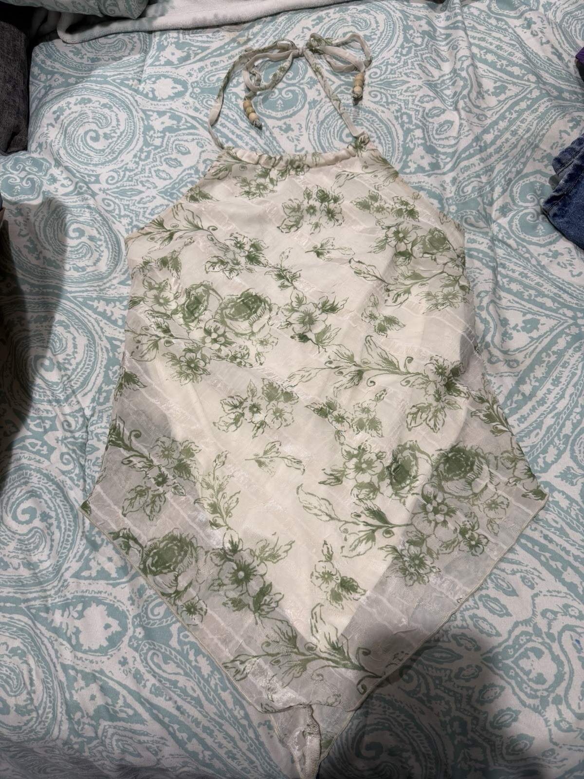 Vintage Studio Y Green Floral Halter Handkerchief Top