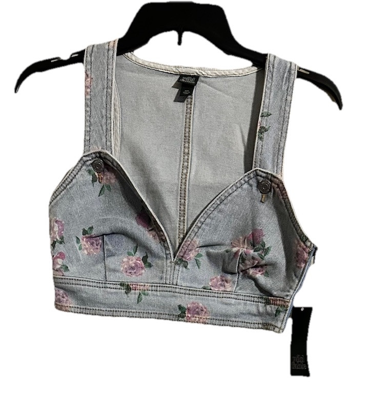 Women’s XXS Cropped Halter Top, Light Wash Blue Jean (Rose Print) by Wild Fable