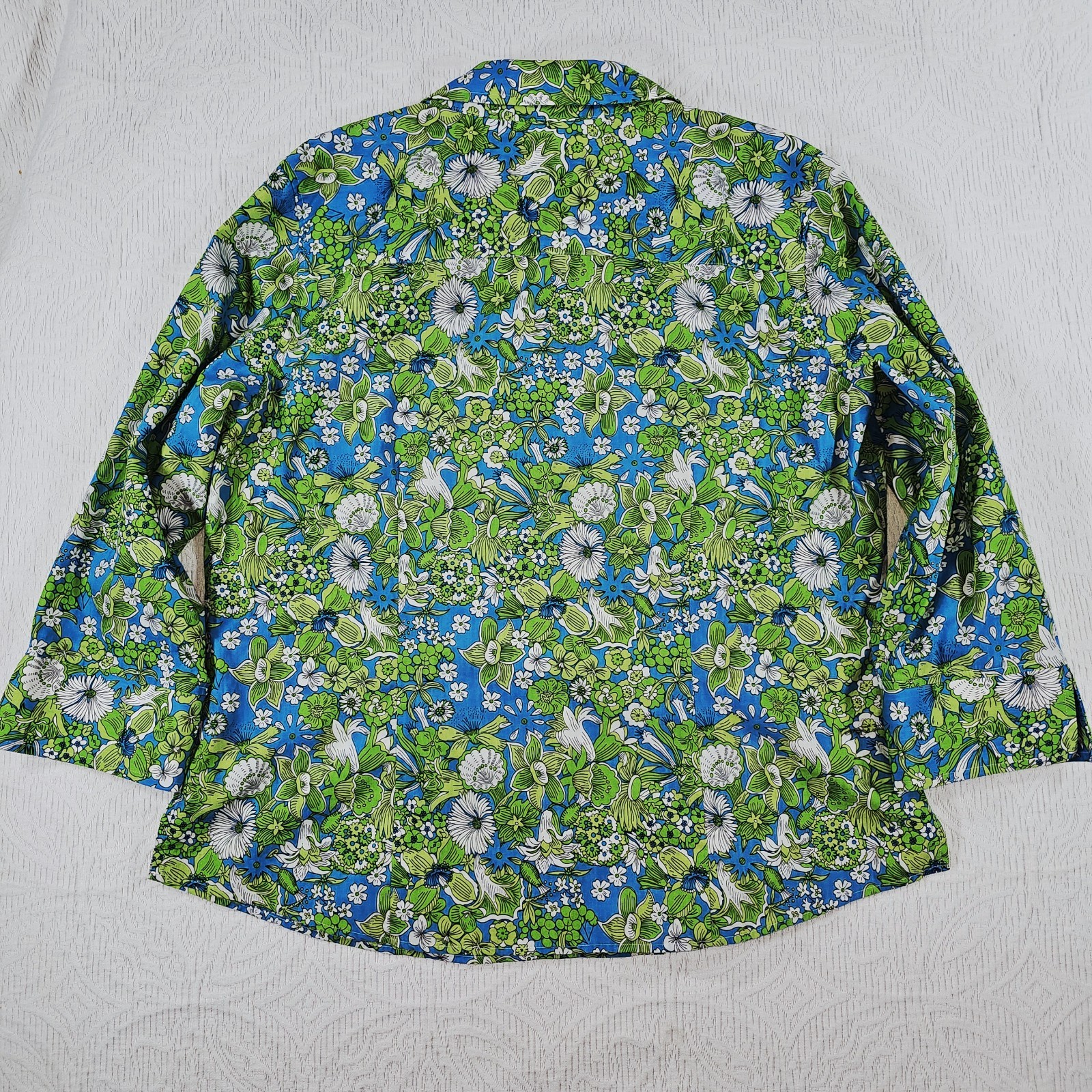 ORIVS Wrinkle Resistant Cotton Shirt Blouse Green Aqua & White Floral Nature 14